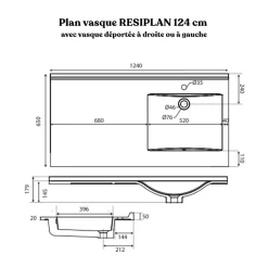 Cuisibane Plan vasque RESIPLAN - 124 cm avec vasque déportée à droite