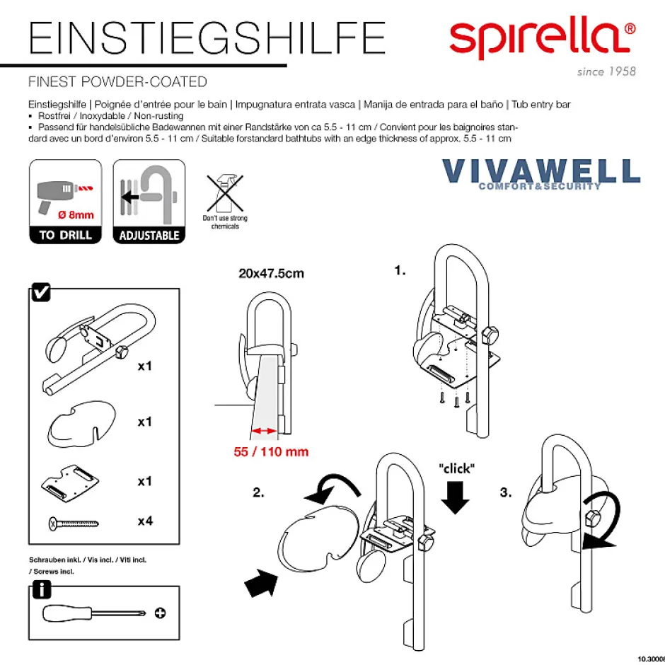Spirella Poignée d'entrée pour le bain Acier Inox Blanc* Barre D'Appui