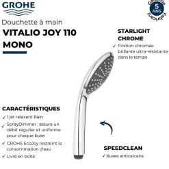 Grohe Pommeau de douche Quickfix Vitalio Joy 110 Chromé* Pommeau De Douche, Flexible Et Barre De Douche