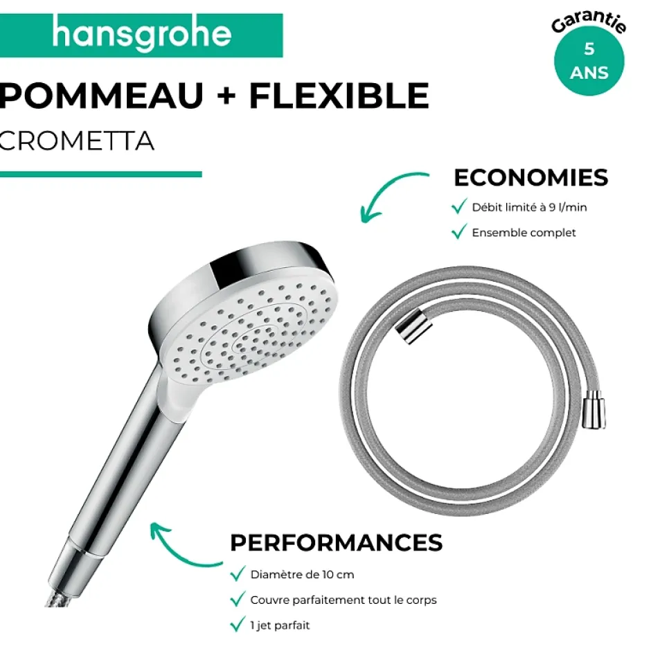 Hansgrohe Pommeau de douche Crometta + Flexible Designflex 160 cm chromé