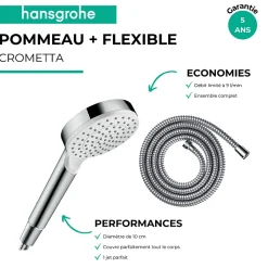 Hansgrohe Pommeau de douche Crometta + Flexible Metaflex 160 cm chromé* Pommeau De Douche, Flexible Et Barre De Douche