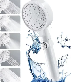 Deko Pommeau de douche haute pression, économie d'eau, 5 jets, idéal pour le bain et le spa, anticalcaire, haute pression (blanc)