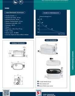 Watermatic Pompe de relevage 2 entrées pour douche traditionnel ou extra plat VD80 évacuation de 1 douche+1 lavabo