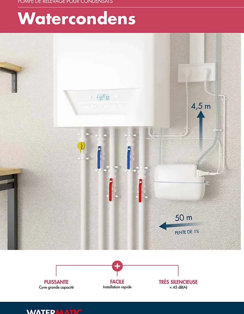 Watermatic Pompe de relevage des condensats de chaudières GAZ à condensation WATERCONDENS (prévoir WATERNEUTRAL en option)* Wc Chimique Et Broyeur