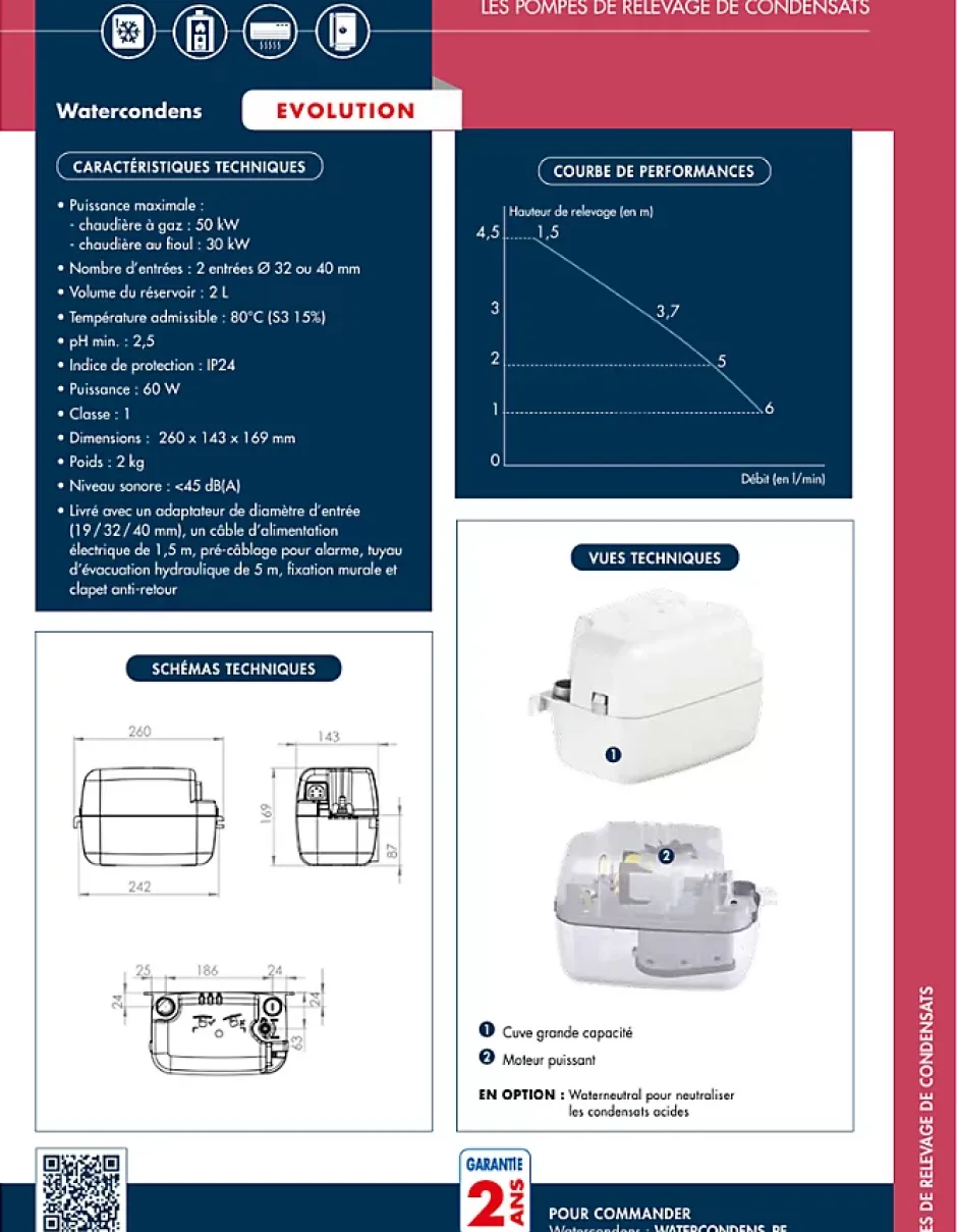 Watermatic Pompe de relevage des condensats de chaudières GAZ à condensation WATERCONDENS (prévoir WATERNEUTRAL en option)* Wc Chimique Et Broyeur