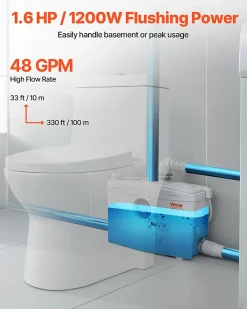 Vevor Pompe macératrice 1200W, sanitaire 4 entrées eau, 180 L min, ht. refoulement 10 m.