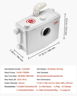 Vevor Pompe macératrice 1200W, sanitaire 4 entrées eau, 180 L min, ht. refoulement 10 m.