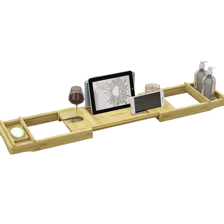 Homcom Pont plateau de baignoire extensible 75-109L cm - porte-gobelet et savon - bambou verni
