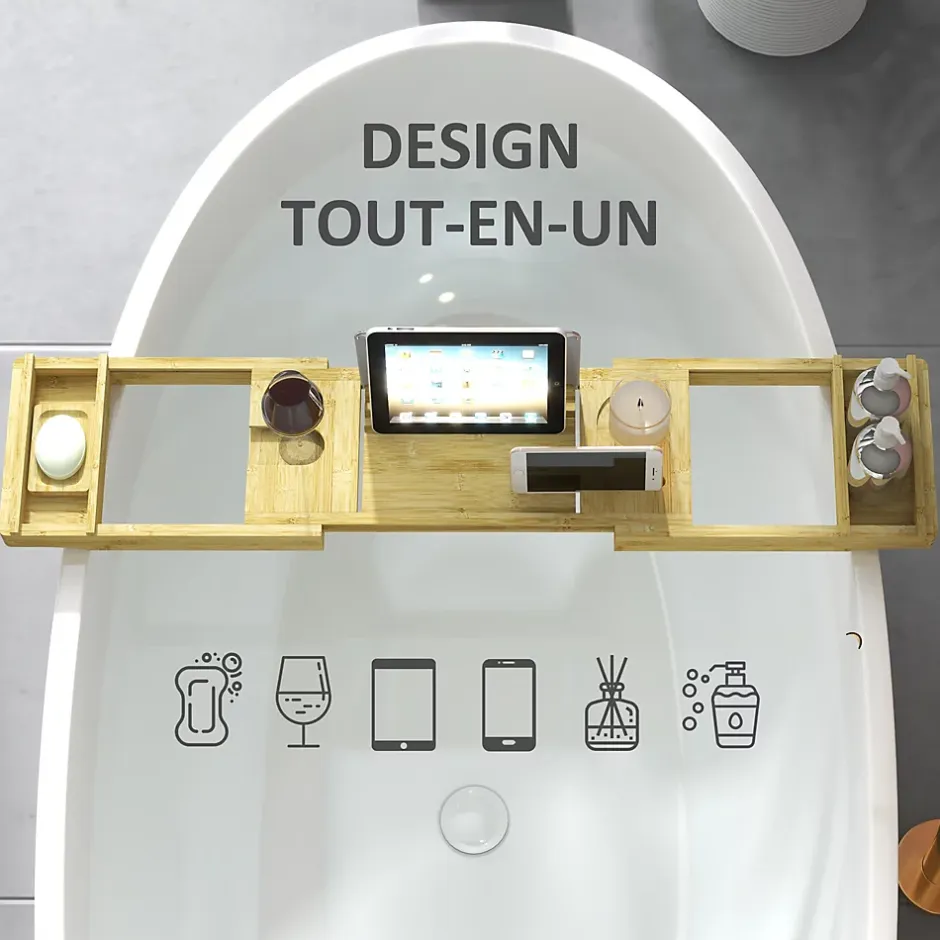 Homcom Pont plateau de baignoire extensible 75-109L cm - porte-gobelet et savon - bambou verni