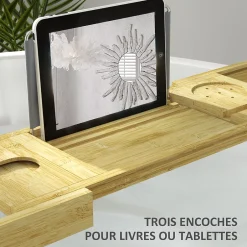 Homcom Pont plateau de baignoire extensible 75-109L cm - porte-gobelet et savon - bambou verni