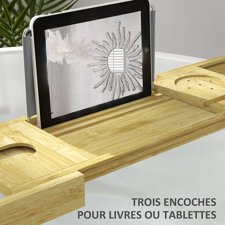Homcom Pont plateau de baignoire extensible 75-109L cm - porte-gobelet et savon - bambou verni