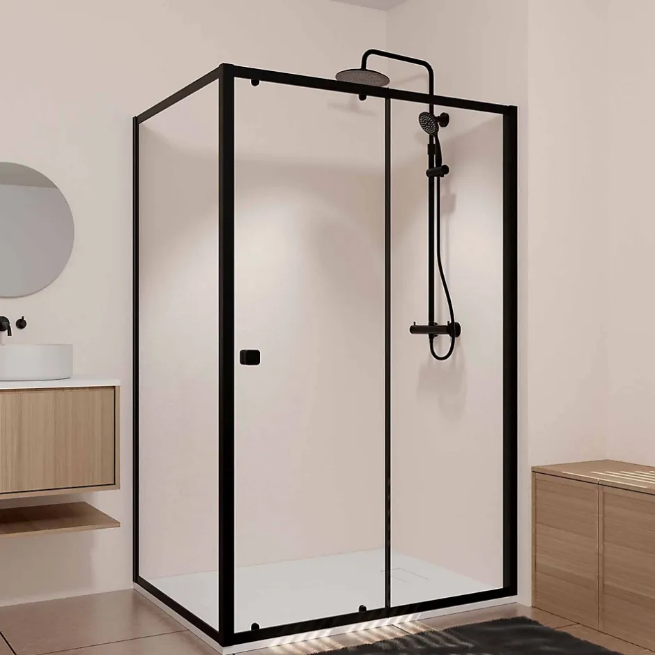 Aurlane Porte de Douche Coulissante Extensible 100x185cm et Retour Fixe 80cm - Noir - BLACK SLIDE* Paroi De Douche