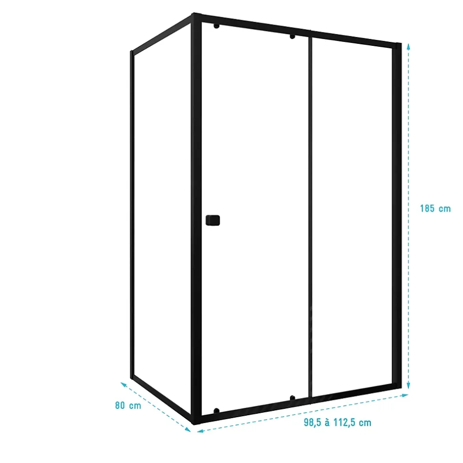 Aurlane Porte de Douche Coulissante Extensible 100x185cm et Retour Fixe 80cm - Noir - BLACK SLIDE* Paroi De Douche