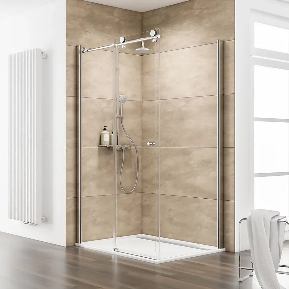 Schulte Porte de douche coulissante avec paroi latérale l.120+80 x H.200 cm, verre transparent anticalcaire, profilé chromé, MasterClass* Paroi De Douche