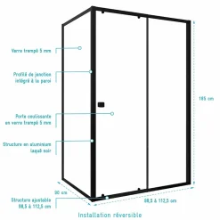 Aurlane Porte de Douche Coulissante Extensible 100x185cm et Retour Fixe 90cm - Noir - BLACK SLIDE