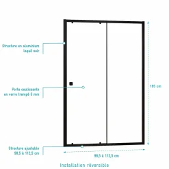 Aurlane Porte de douche Coulissante Noir 100x185cm - Extensible de 98.5 à 112.5cm - BLACK SLIDE 100* Porte De Douche