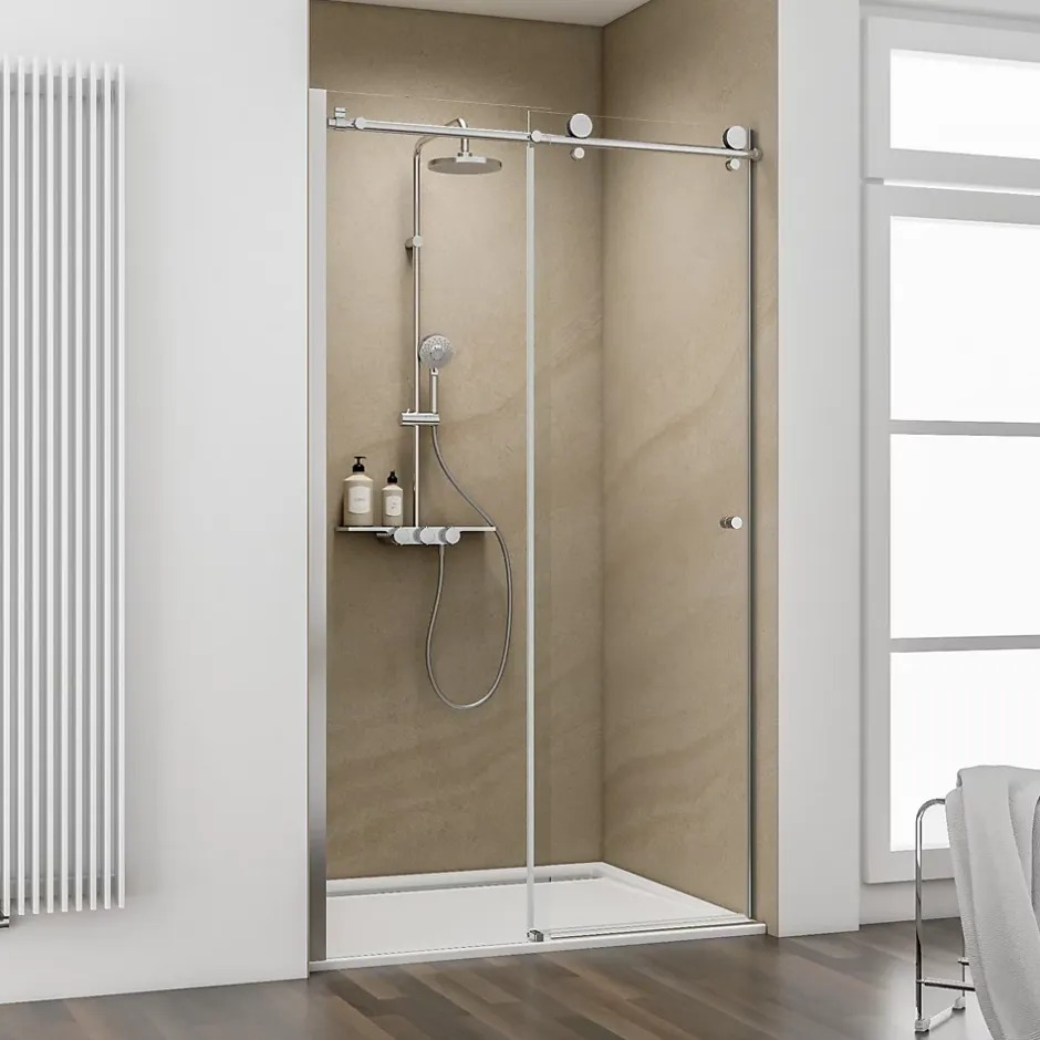 Schulte Porte de douche coulissante l.120 x H.200 cm, verre transparent anticalcaire, profilé chromé, MasterClass