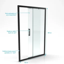 Aurlane Porte de douche coulissante 120x200 cm - Verre transparent - Profilé Noir - CRUSH