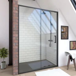 Aurlane Porte de douche coulissante 120x200 cm - Verre transparent - Profilé Noir - CRUSH