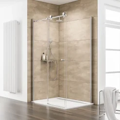 Schulte Porte de douche coulissante avec paroi latérale l.120+90 x H.200 cm, verre transparent anticalcaire, profilé chromé, MasterClass