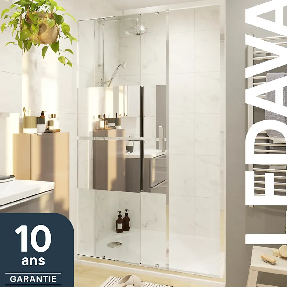 GoodHome Porte de douche coulissante l.140 x H.195 cm, bandes miroir, profilés alu chrome, Ledava* Porte De Douche
