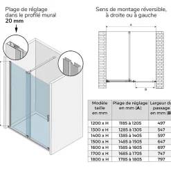 Saniverre Porte de douche coulissante NAPOLI H.200 - largeur 130 cm verre transparent 8 mm -* Porte De Douche