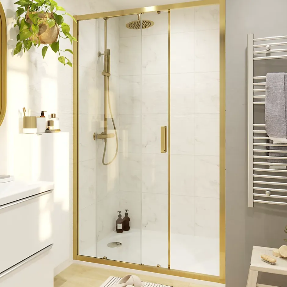 GoodHome Porte de douche coulissante l.120 x H.195 cm, verre transparent, profilés alu finition doré brossé, Ledava* Porte De Douche