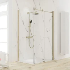 Schulte Porte de douche coulissante avec paroi latérale l.100+80 x H.200 cm, verre transparent, profilé doré mat, MasterClass* Paroi De Douche
