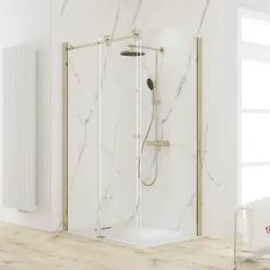 Schulte Porte de douche coulissante avec paroi latérale l.100+80 x H.200 cm, verre transparent, profilé doré mat, MasterClass* Paroi De Douche