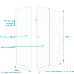 Galedo Porte de douche coulissante et paroi l.140 + 80 x H.185 cm profilés blancs, Spot