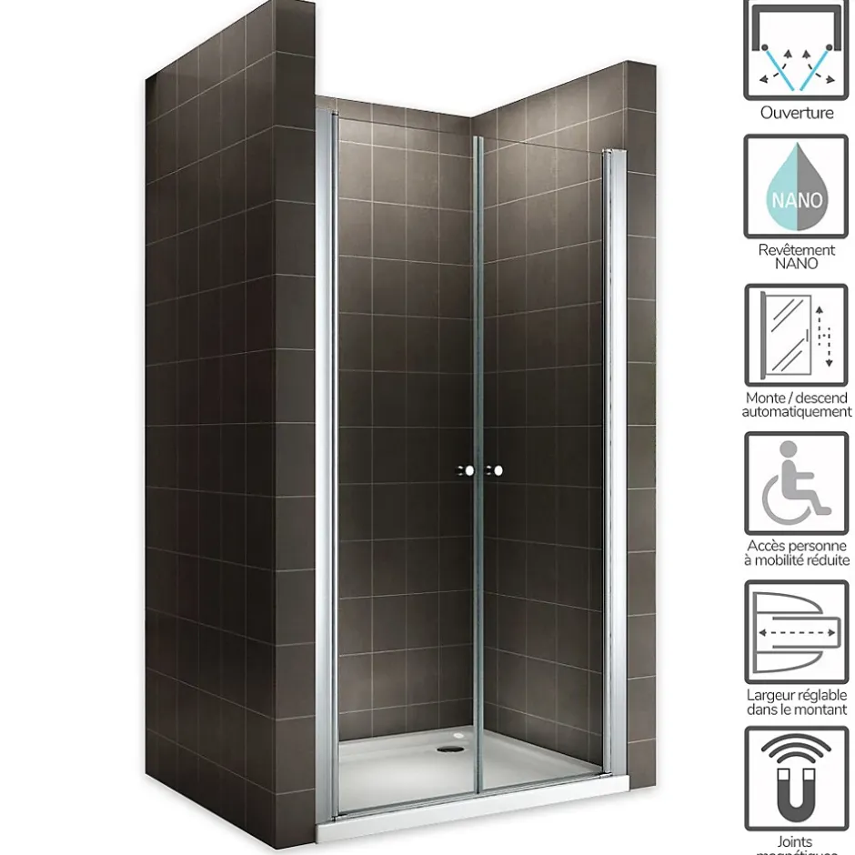 Saniverre Porte de douche GINA H.195 réglable de 84 à 88 cm verre 6 mm transparent -* Porte De Douche