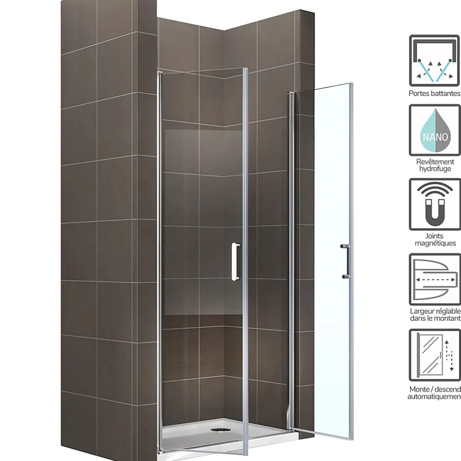 Saniverre Porte de douche KIMI H.180 largeur réglable 88 à 91 cm verre transparent -* Porte De Douche