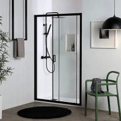 Kiamami Valentina Porte de douche niche 150 cm avec porte coulissante et cadre en aluminium noir mat