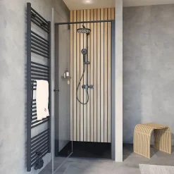 Schulte Porte de douche pivotante en niche l.90 x H.200 cm, verre transparent, profilé noir mat, Impériale