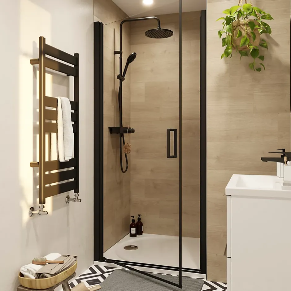 GoodHome Porte de douche pivotante l.90 x H.195 cm, verre transparent, profilés alu noir, Ledava* Porte De Douche