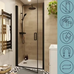 GoodHome Porte de douche pivotante l.90 x H.195 cm, verre transparent, profilés alu noir, Ledava* Porte De Douche
