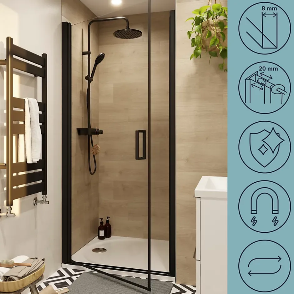 GoodHome Porte de douche pivotante l.90 x H.195 cm, verre transparent, profilés alu noir, Ledava* Porte De Douche