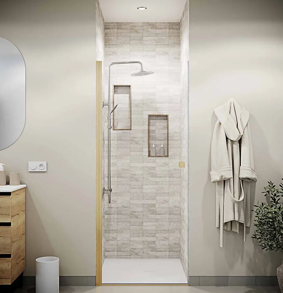 Aurlane Porte de Douche Pivotante 80x180 cm en Verre Trempe 5 mm - Finition Or Brosse - GOLD ELEMENTARY* Porte De Douche