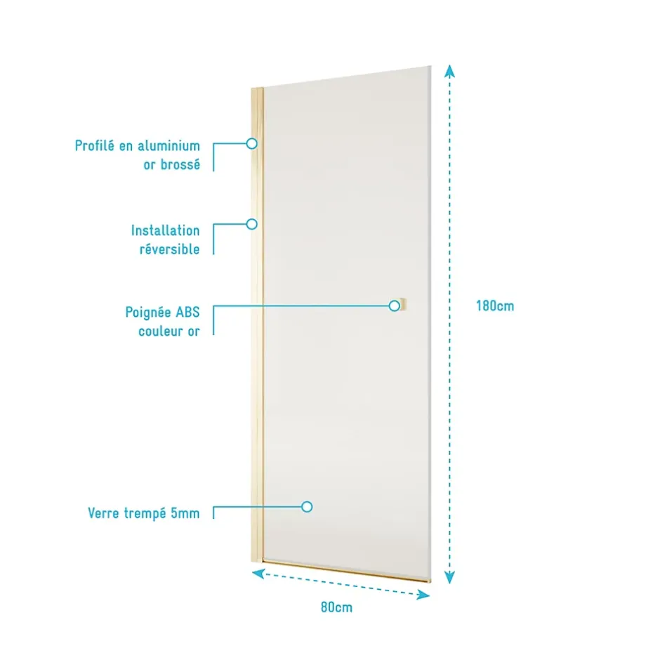 Aurlane Porte de Douche Pivotante 80x180 cm en Verre Trempe 5 mm - Finition Or Brosse - GOLD ELEMENTARY* Porte De Douche