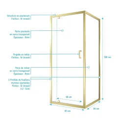 Galedo Porte de douche pivotante et paroi fixe l.90 x 90 x H.200 cm profilés doré brossé, Factory