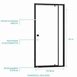 Aurlane Porte de douche Pivotante Noir 80-90x185cm - Extensible de 78 à 90 cm - BLACK SLIDE 80 90* Porte De Douche