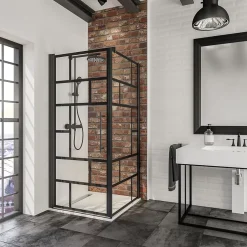 Schulte Porte de douche pivotante et paroi latérale 90 x 90 cm, NewStyle, verre transparent décor atelier, profilés noirs* Paroi De Douche