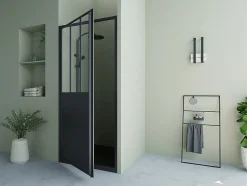 Vente-unique Porte de douche pivotante noir mat style atelier - 80 x 195 cm - URBANIK