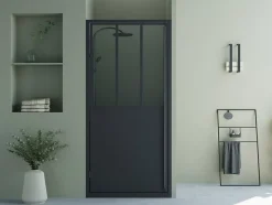 Vente-unique Porte de douche pivotante noir mat style atelier - 80 x 195 cm - URBANIK