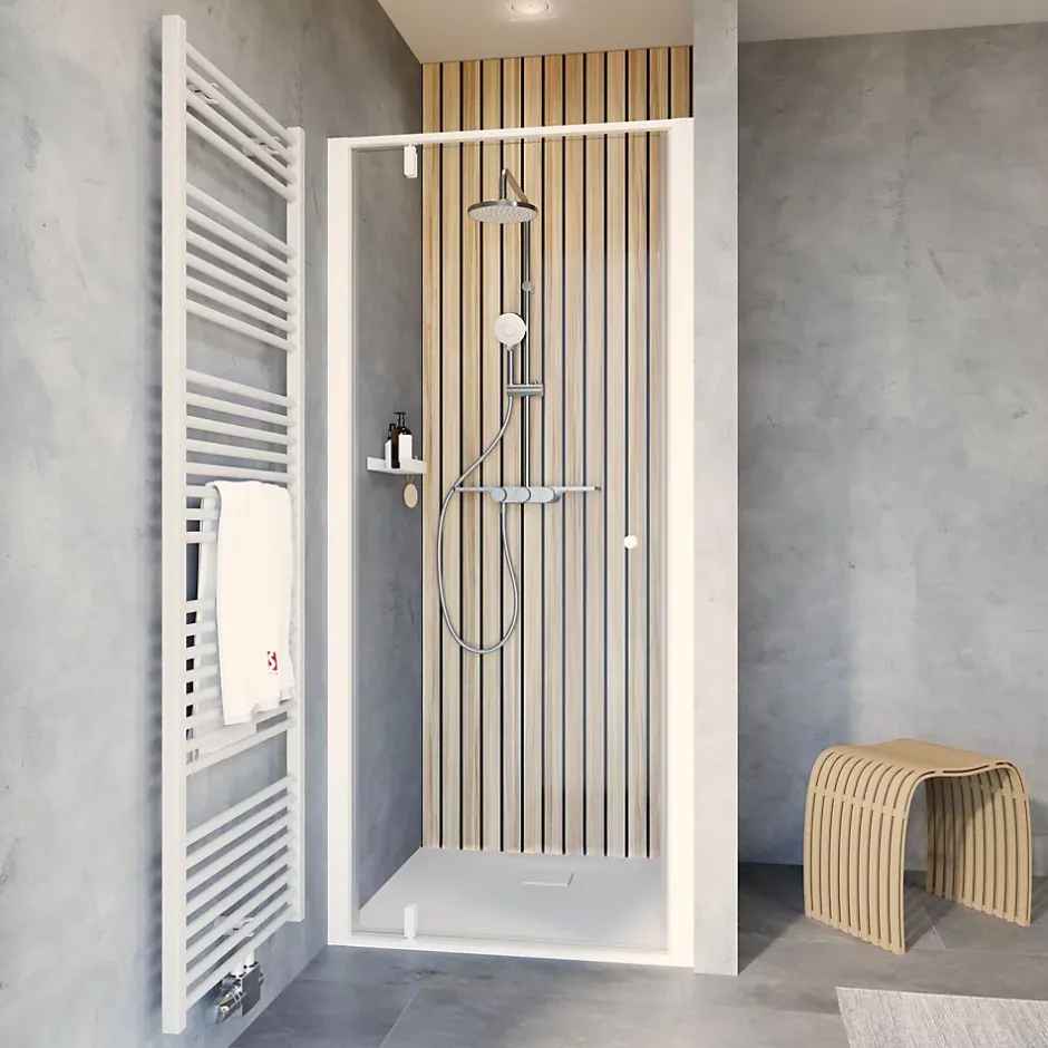Schulte Porte de douche pivotante en niche l.100 x H.200 cm, verre transparent, profilé blanc mat, Impériale