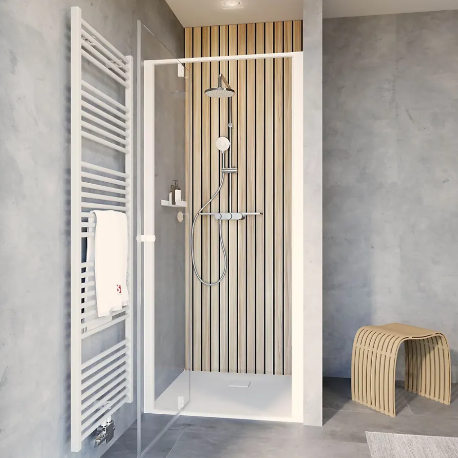 Schulte Porte de douche pivotante en niche l.100 x H.200 cm, verre transparent, profilé blanc mat, Impériale