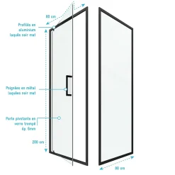 Aurlane Porte de douche Pivotante et retour 80x80x200 - Profilés noir mat - CRUSH PIVOTANTE* Porte De Douche