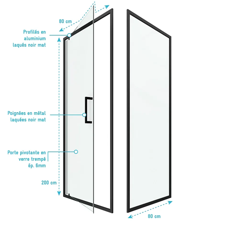 Aurlane Porte de douche Pivotante et retour 80x80x200 - Profilés noir mat - CRUSH PIVOTANTE* Porte De Douche