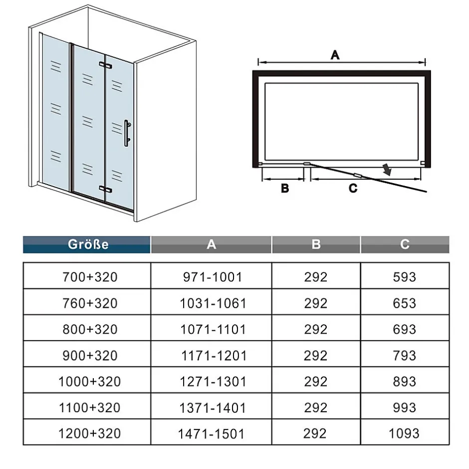 AICA Sanitaire Porte De douche pivotante 120x185cm en 6mm verre anticalcaire porte de douche pliante avec un élément fixe