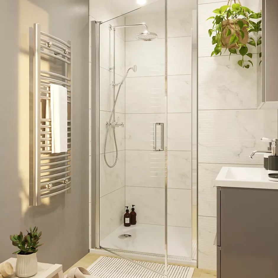 GoodHome Porte de douche pivotante l.70 x H.195 cm, verre transparent, profilés alu chrome, Ledava